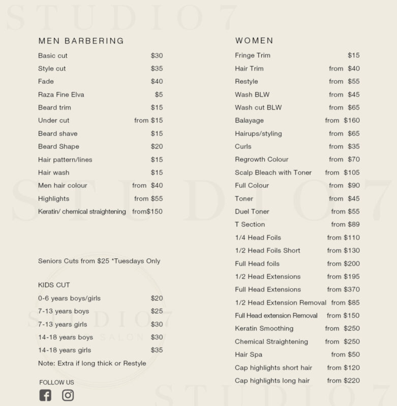 SERVICES Studio 7 Hair Salon